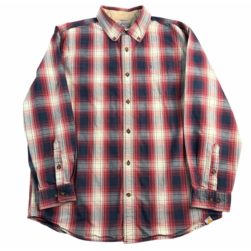 Carhartt Red Blue Plaid Shirt Mens XL Flannel Relaxed Fit Button Down Logo Y2K - Picture 2 of 15